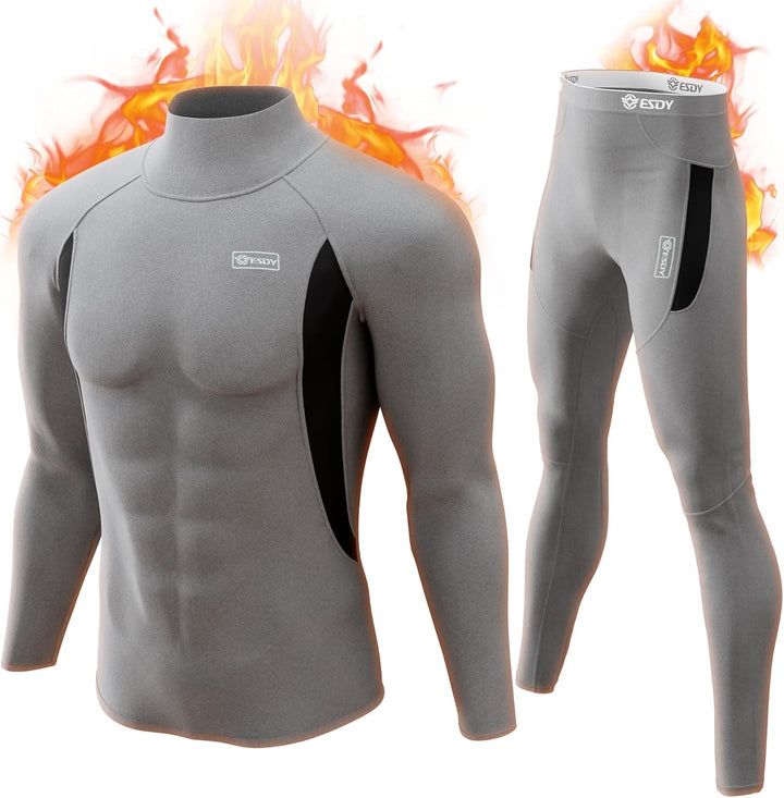 Grey thermal underwear set with mock neck design for men