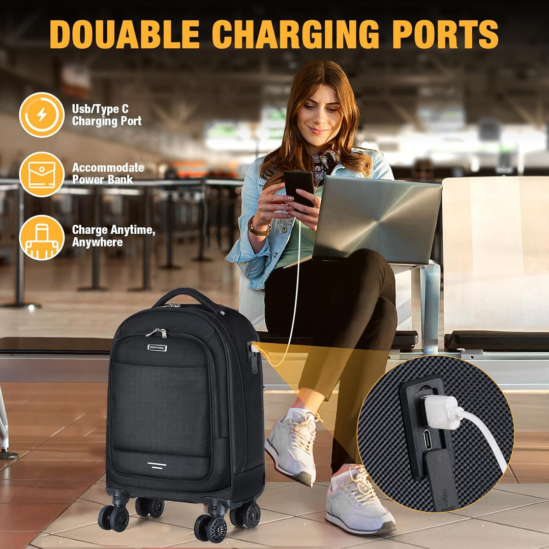 Black 30L rolling laptop backpack with multi-directional spinner wheels