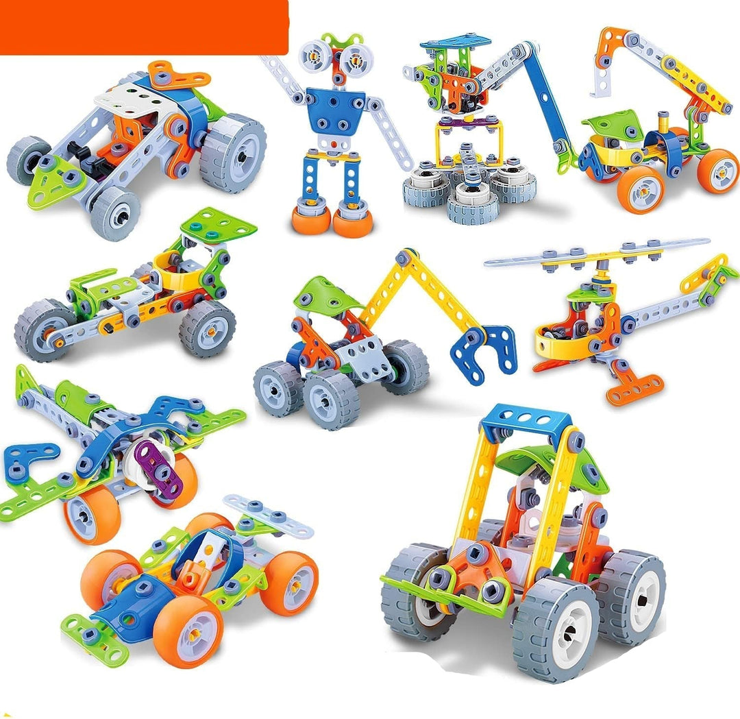 Assorted building blocks and tools laid out for play