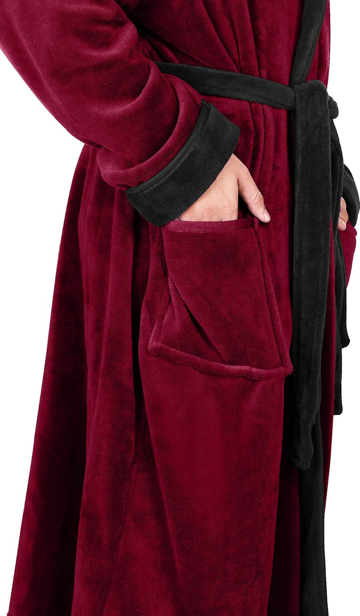 Mens comfortable hooded fleece dressing gown front full view