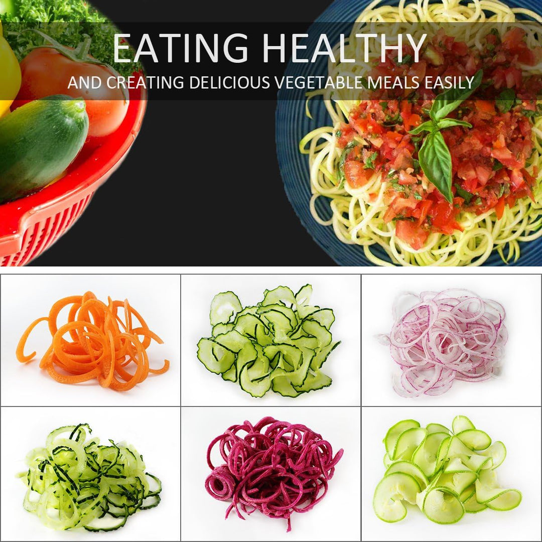 Manual hand crank vegetable spiralizer tool showing comfortable grip and easy operation