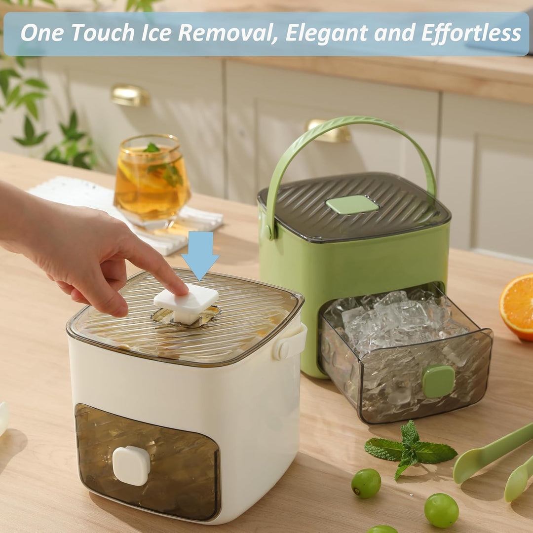 Ice cube tray set with transparent lid and storage bin on a kitchen table