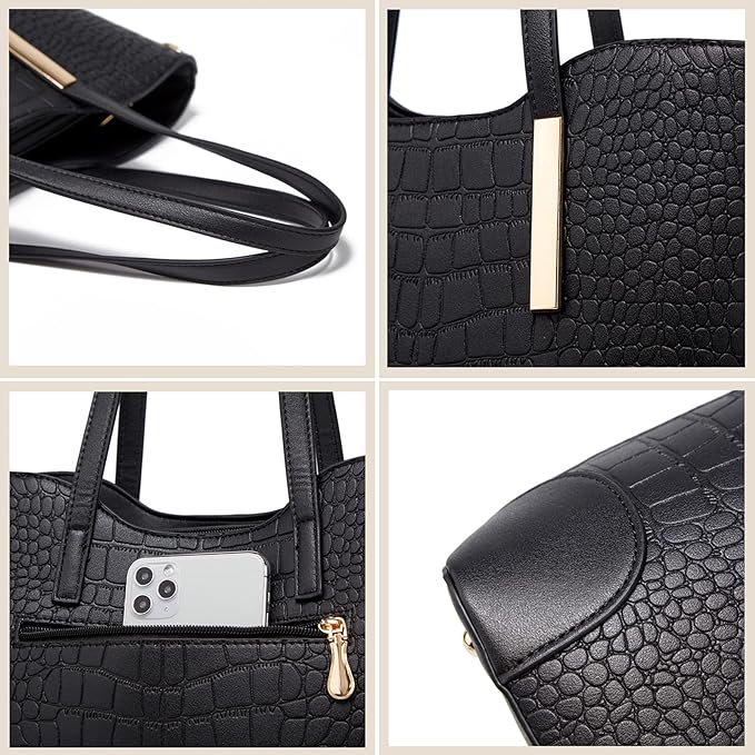 Close-up details of black handbag hardware, textured pattern and exterior pocket