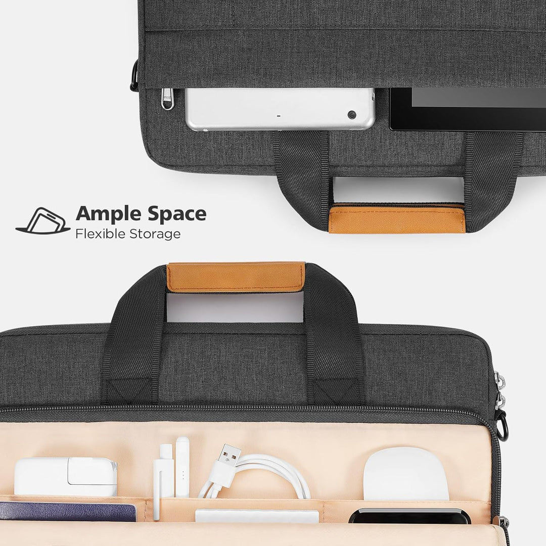 Water-resistant laptop shoulder bag in use during light rainy weather.