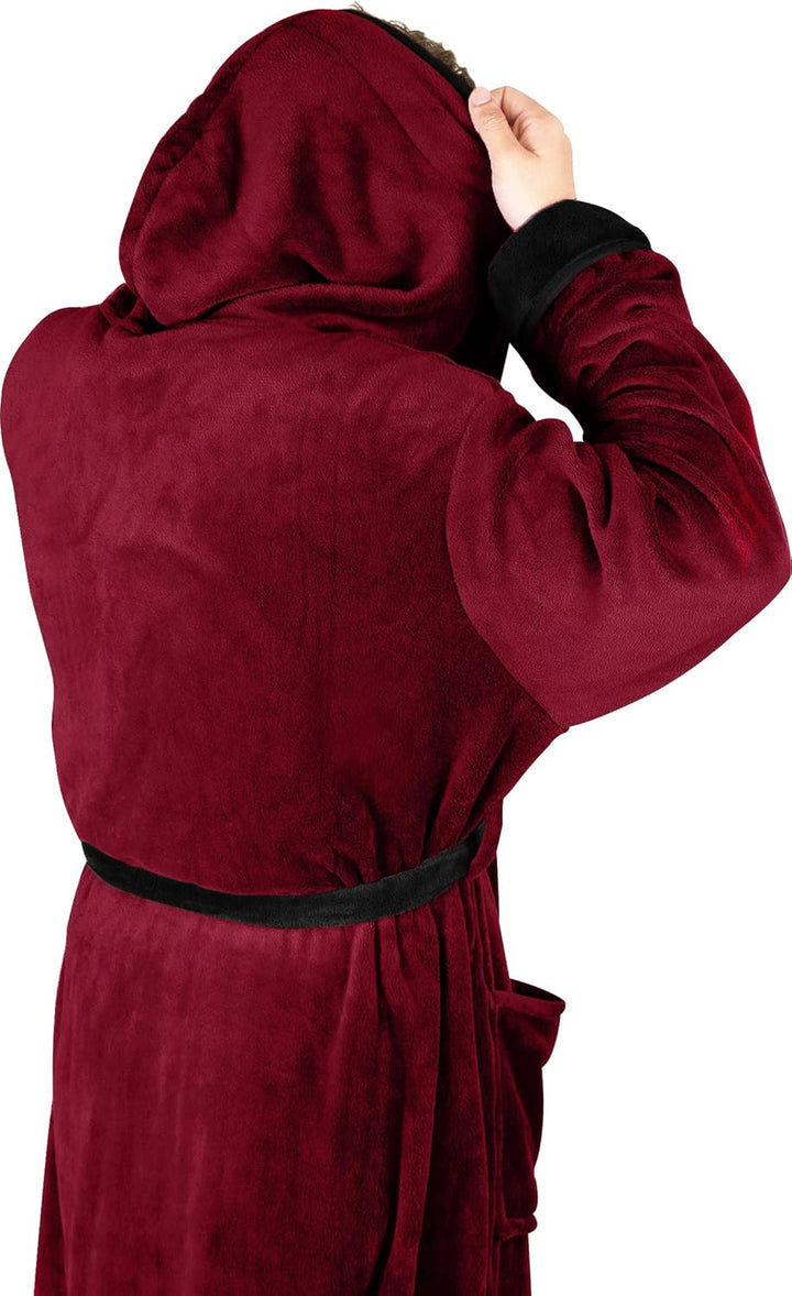 Man wearing a red hooded fleece dressing gown, back view showing hood and belt