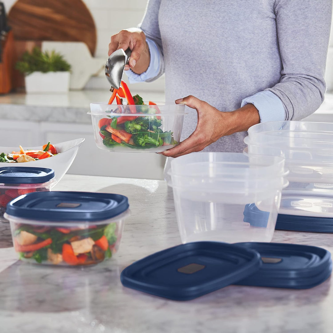 Airtight meal prep food containers shown stacked neatly on a shelf