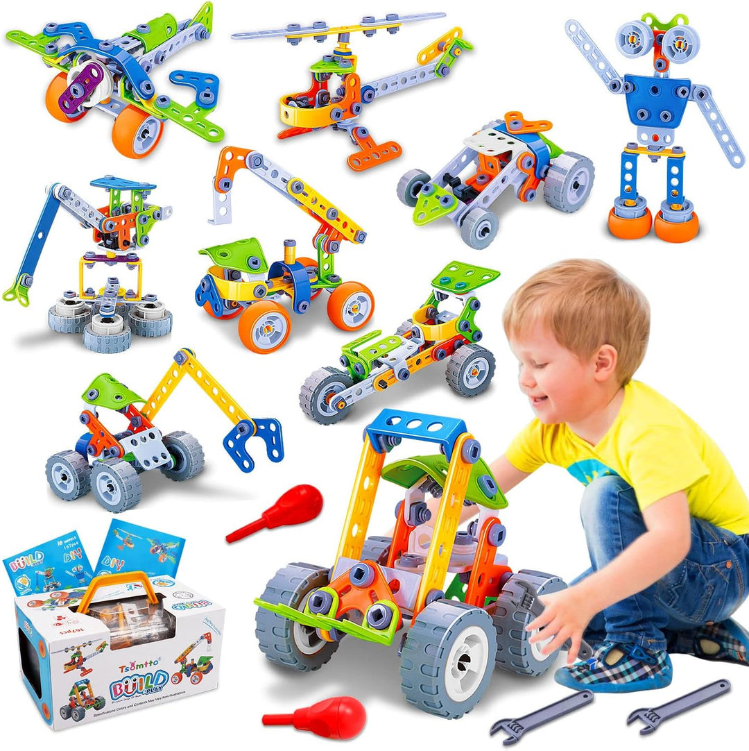 Colorful toy vehicles and figures built from a kids construction set