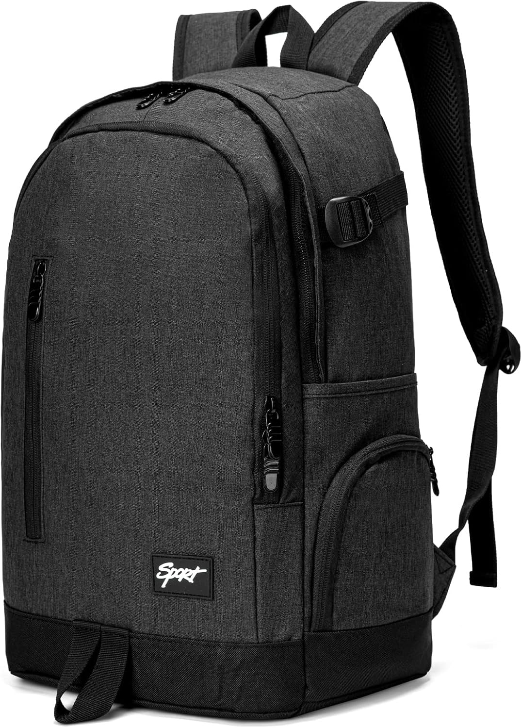 Black travel laptop backpack with front zipper pocket and side water bottle sleeve