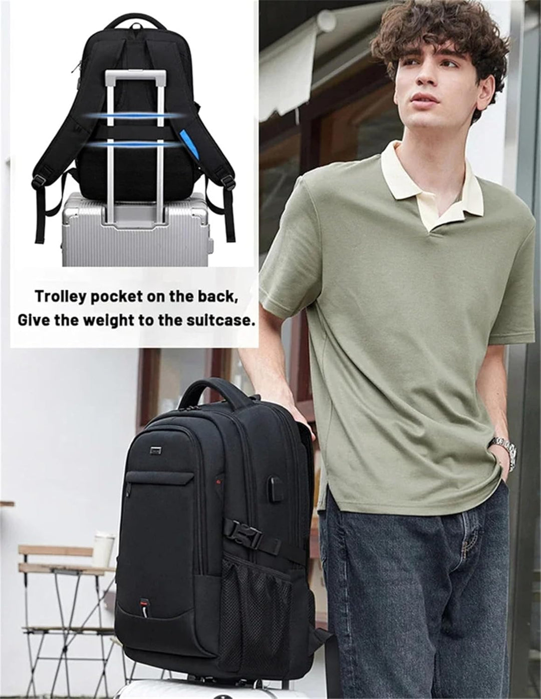 Durable unisex school and work backpack worn on back, highlighting ergonomic design
