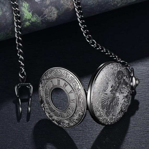 Vintage pocket watch open with engraved case and chain