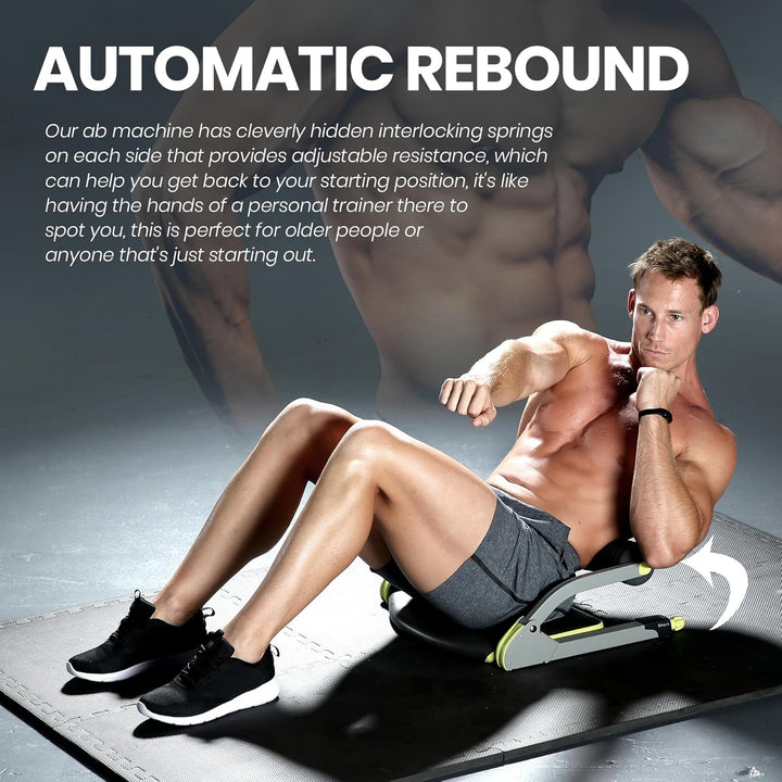 Side angle of compact ab crunch trainer showing ergonomic head support for home core workouts