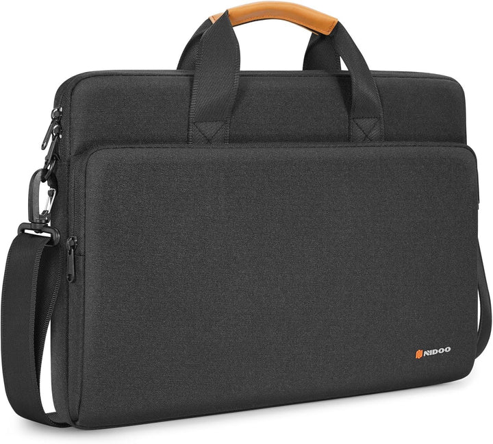 Close-up view of the black water-resistant laptop shoulder bag with exterior pocket