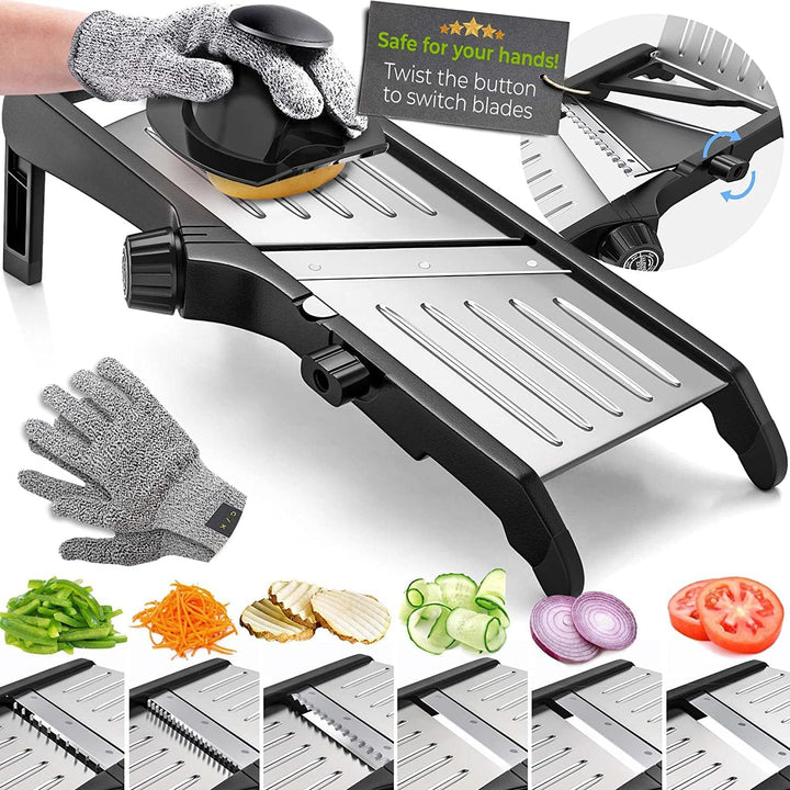 Adjustable mandoline food slicer with safety gloves and vegetable attachments
