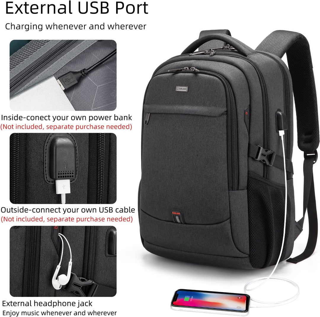 Close-up of the external USB port and headphone jack on the travel backpack