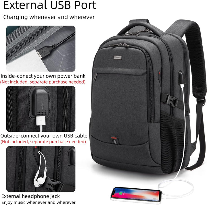 Close-up of the external USB port and headphone jack on the travel backpack