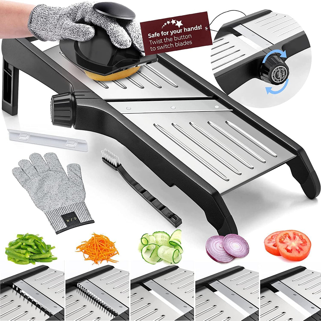 Durable mandoline food slicer slicing potatoes into thin chips