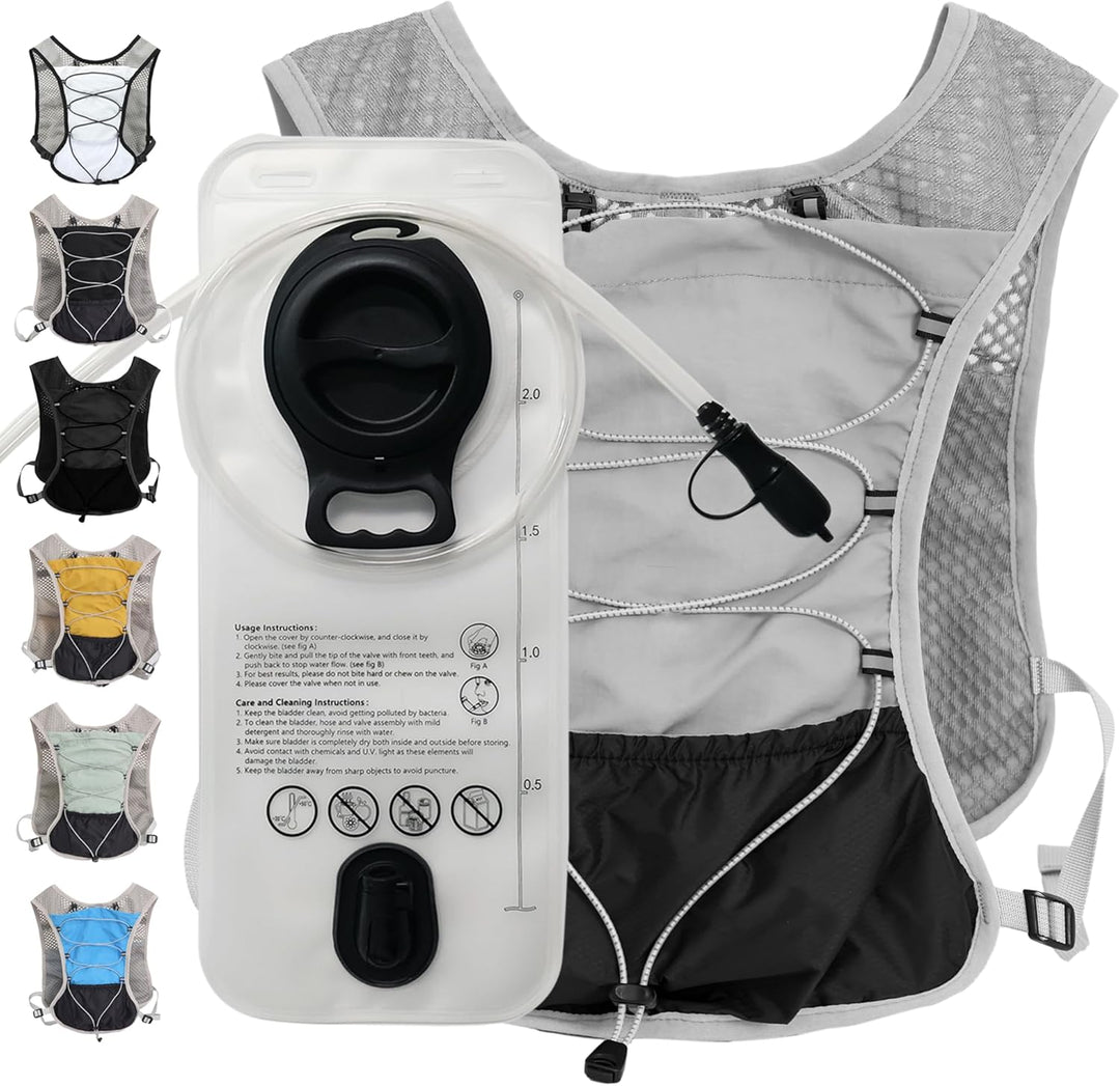 Grey hydration running vest laid out flat next to a 2L water bladder with cleaning instructions