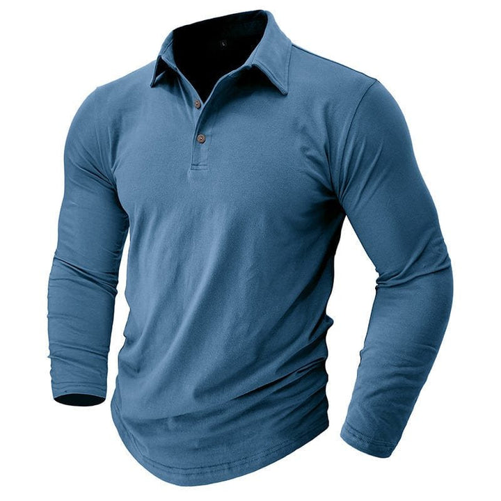 Detailed view of the hemline and side slits on a men's long-sleeve polo.
