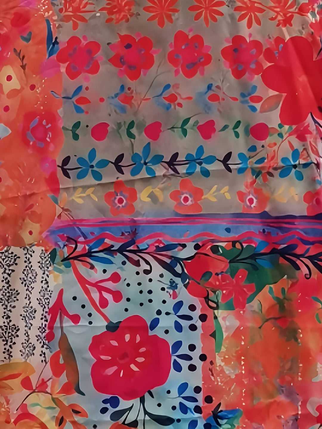 Close up of floral blouse fabric and collar on a long sleeve womens top