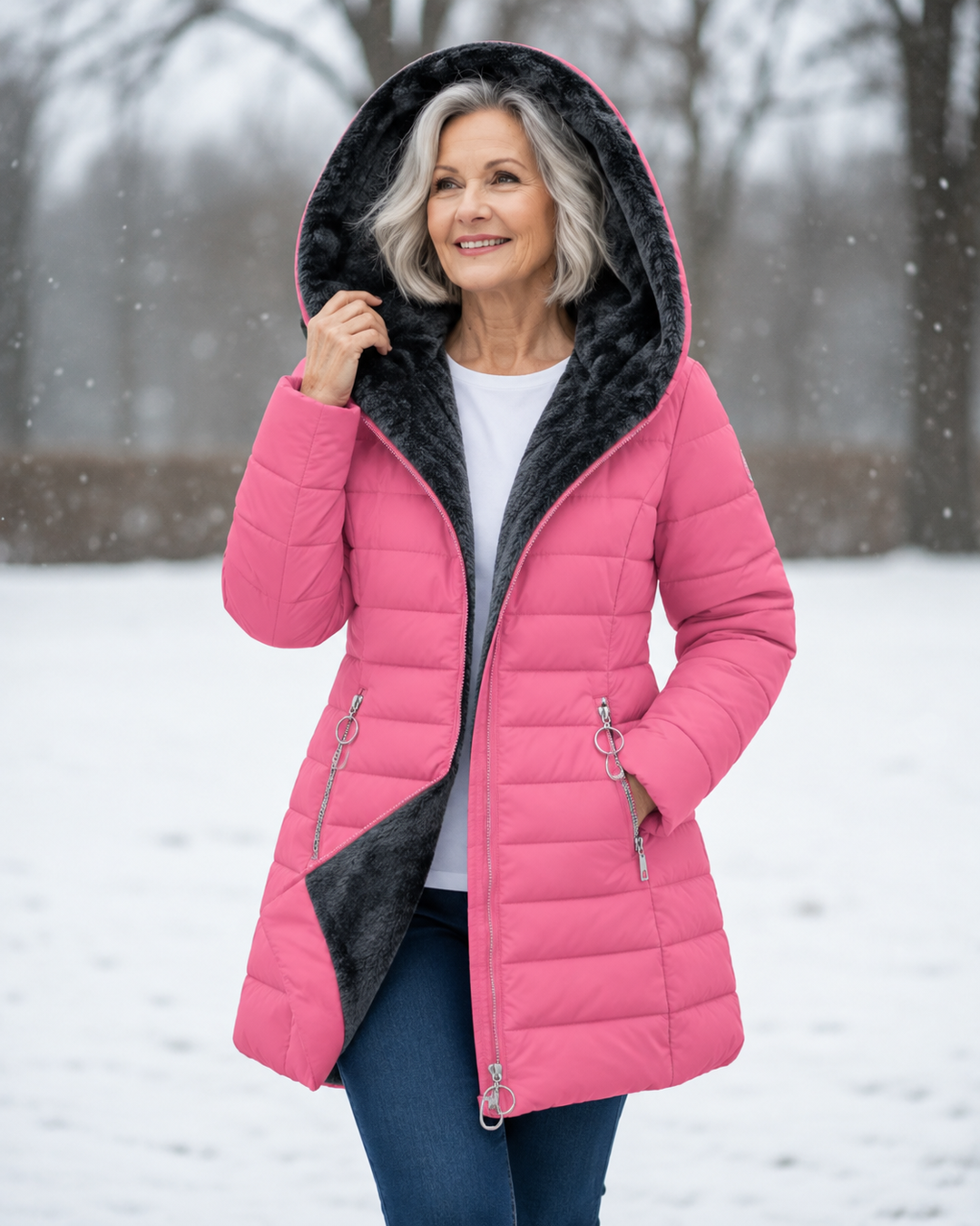 Folded winter outerwear display showing packable quilted jacket texture