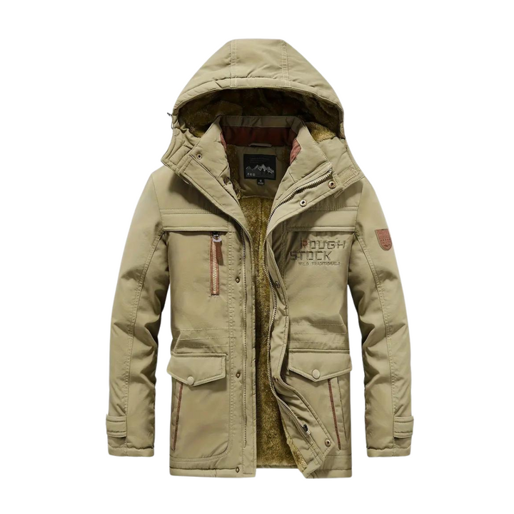 Mens waterproof outdoor jacket back view showing thermal lining and windproof hood