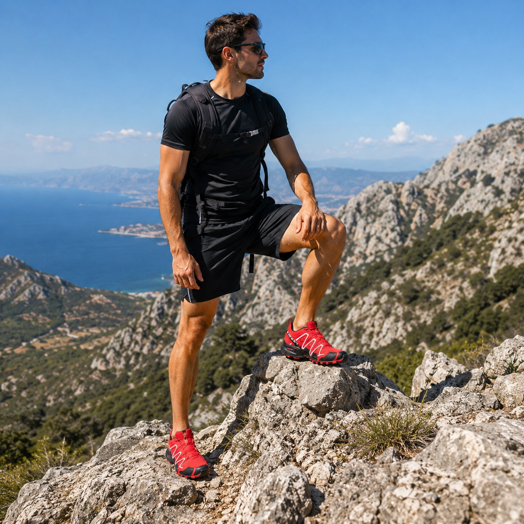 Man wearing red hiking shoes standing on a rocky mountain overlook