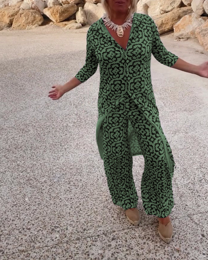 Close-up of fabric pattern and V-neckline on casual two-piece outfit
