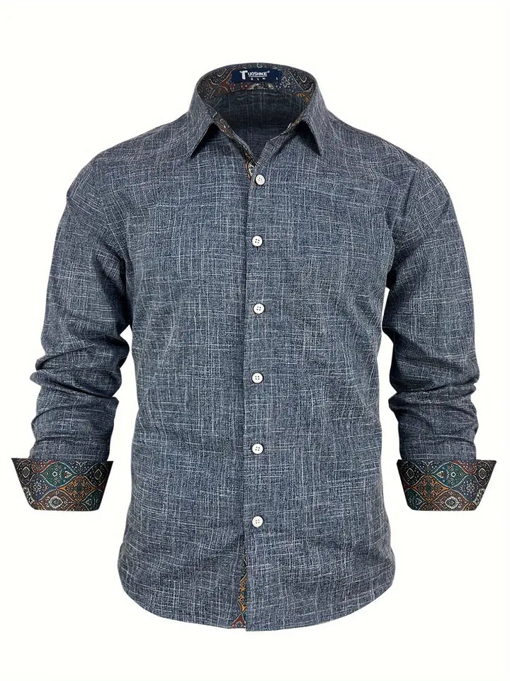 Casual office look featuring mens tailored button-up shirt with contrast trim