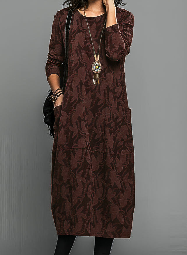 Burgundy patterned long sleeve winter dress for women