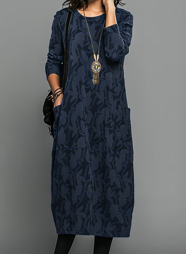 Blue patterned long sleeve winter dress for women