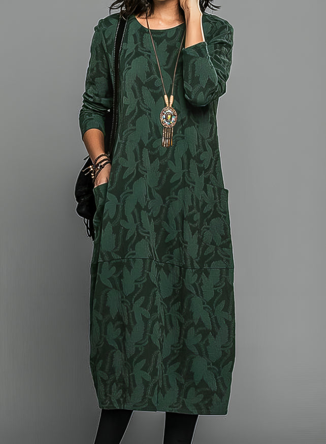 Green patterned long sleeve winter dress for women with pockets
