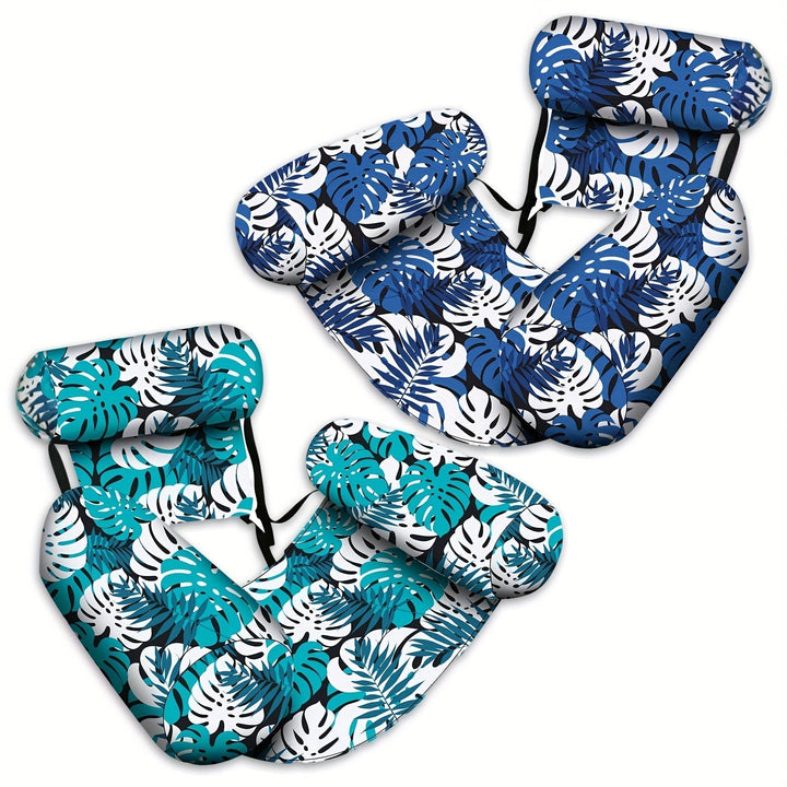 Inflatable pool float lounger in blue and teal tropical leaf patterns