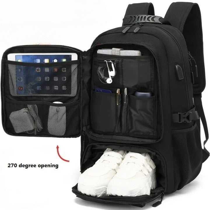 Open laptop backpack showing 270 degree opening with interior organization and shoe compartment