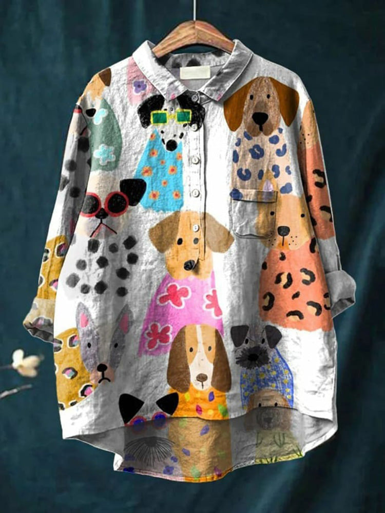 Astrid women's novelty dog print relaxed button-down shirt displayed on a hanger