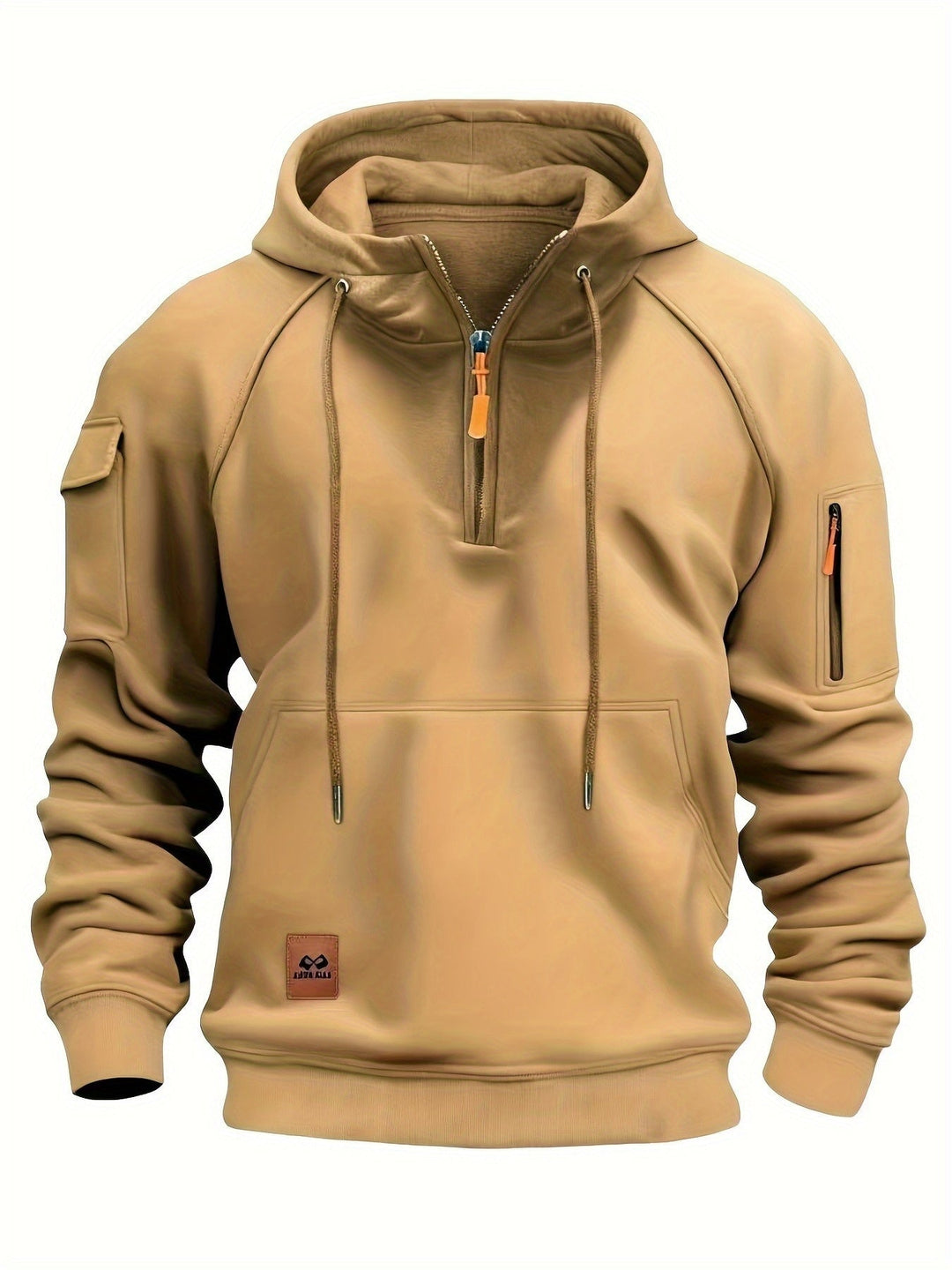 Model wearing men's outerwear hoodie outdoors during cool weather.