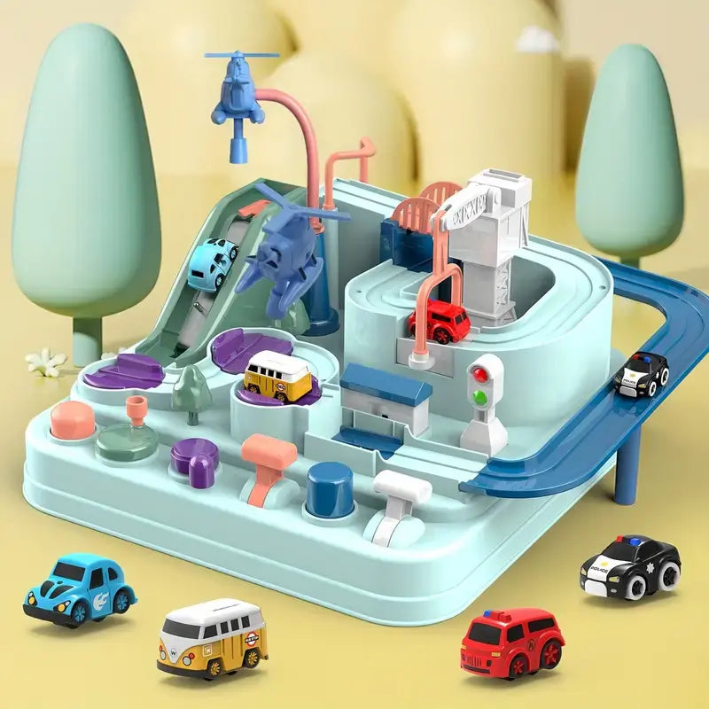 Kids interactive race track set with mechanical cars and bridges on a play table