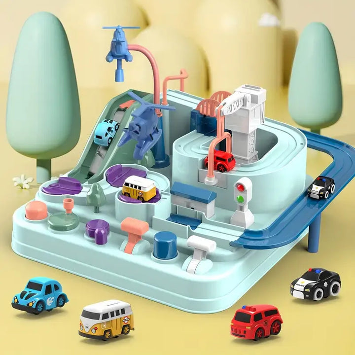 Kids interactive race track set with mechanical cars and bridges on a play table