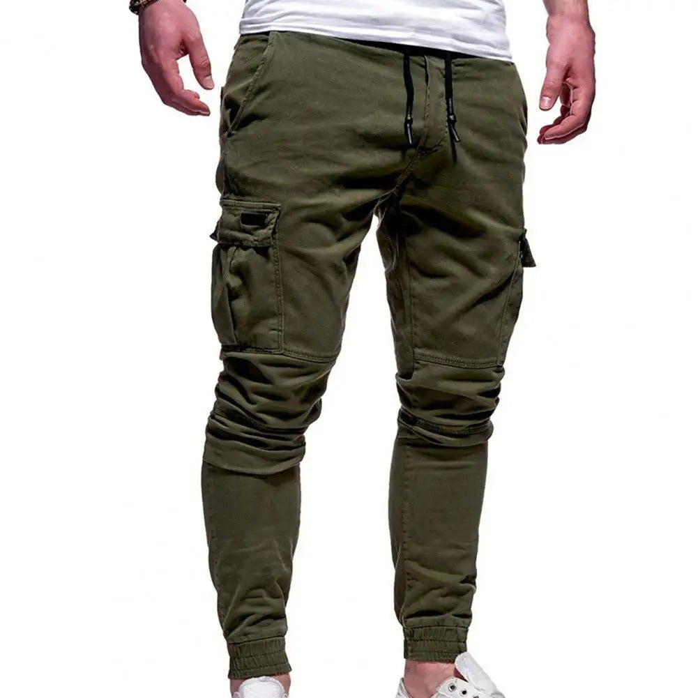 Close-up of fabric and button closure on men's tactical cargo trousers