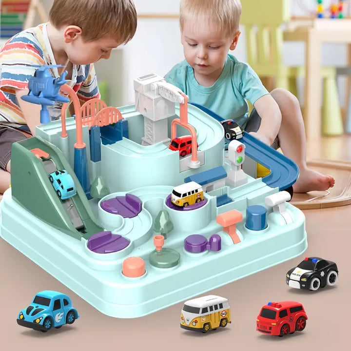 Two young children happily playing together with the interactive race track set