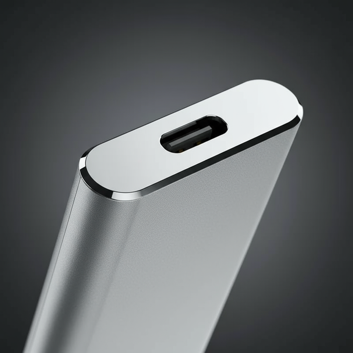 Side angle view of the portable USB-C external solid state drive showing slim profile