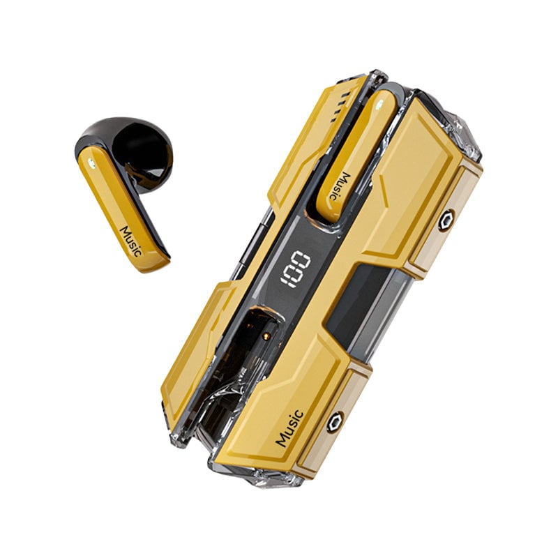 Yellow wireless headset charging case and single earbud