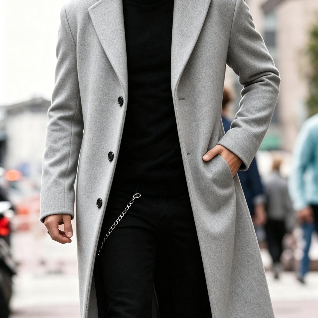 Side angle of the navy men's trench coat highlighting its sleek silhouette.