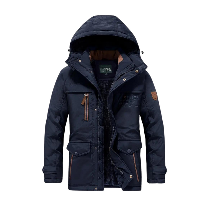 Detailed shot of mens thermal jacket zipper pockets and adjustable cuffs