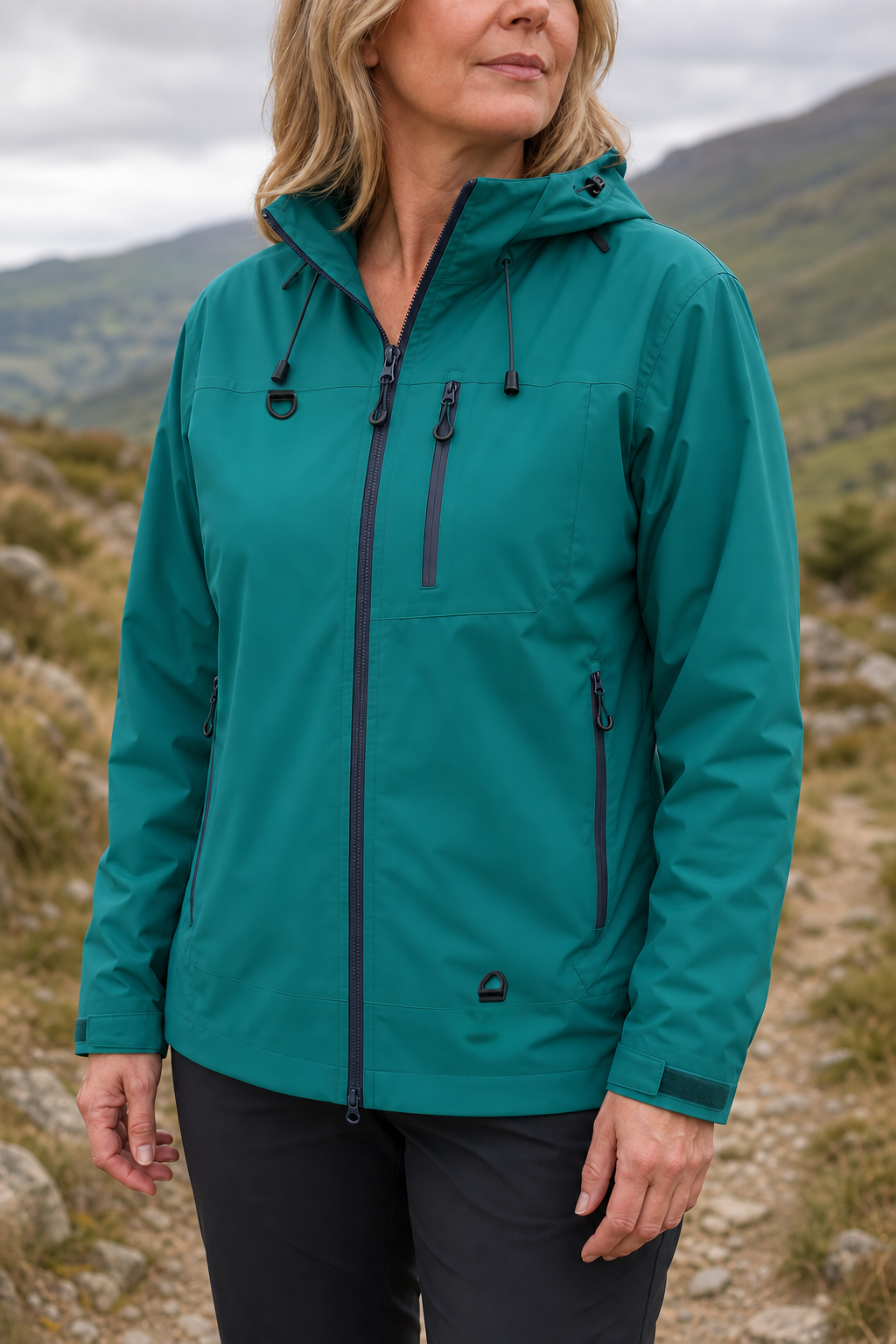 Woman wearing a green waterproof hooded rain jacket outdoors