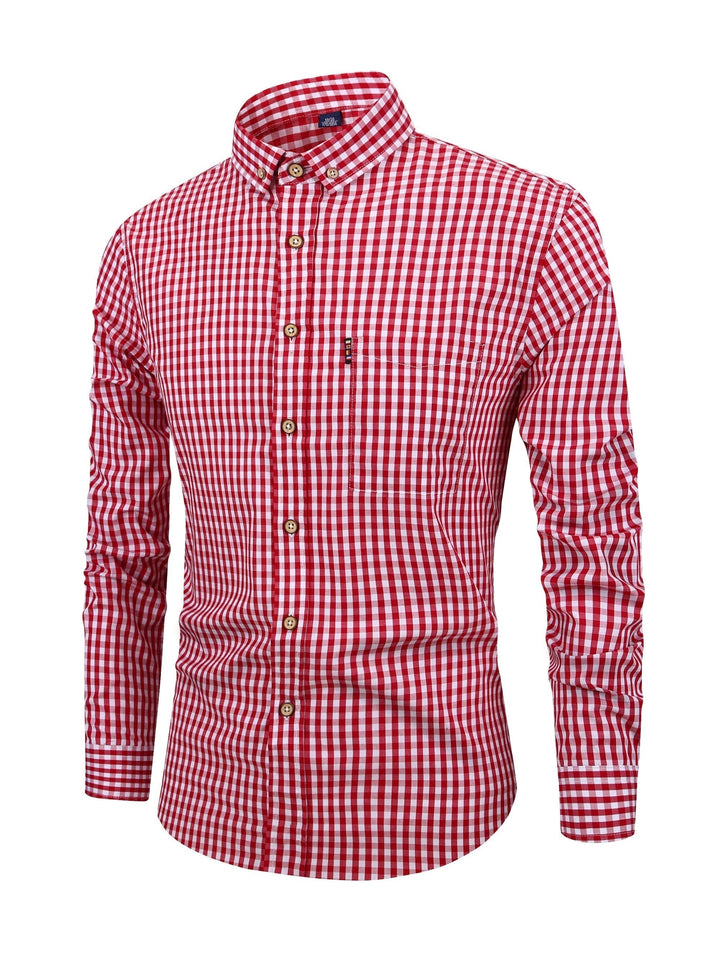 Close up of fabric texture on mens check pattern casual long sleeve shirt