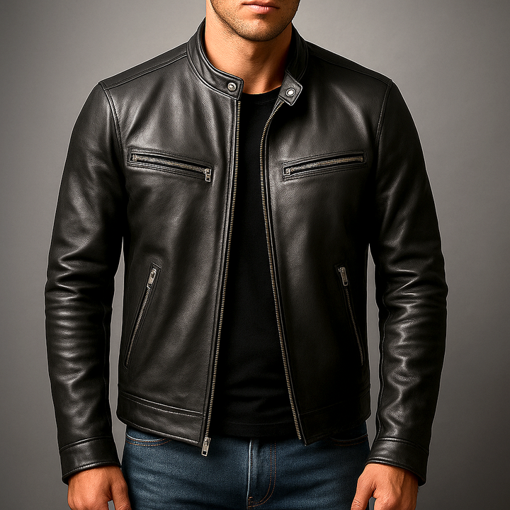 Man wearing a black vintage style jacket with metal hardware