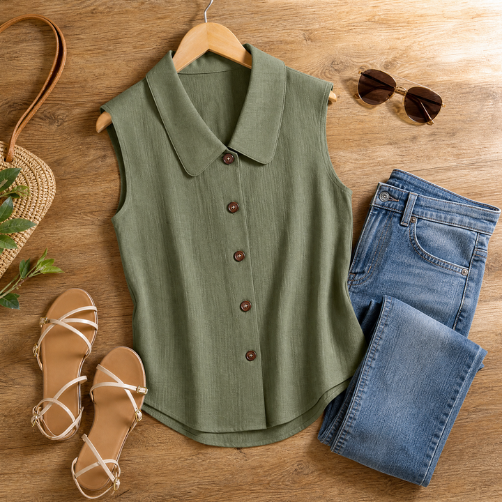 Side view of women's breezy collared sleeveless summer blouse in casual wear