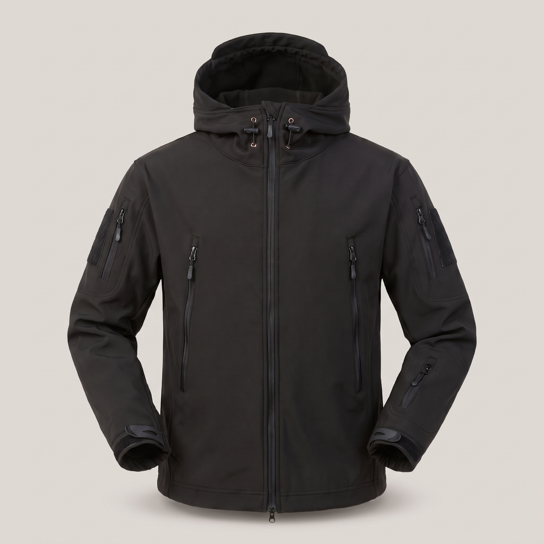 Close up of zipper and waterproof fabric on mens insulated outdoor jacket
