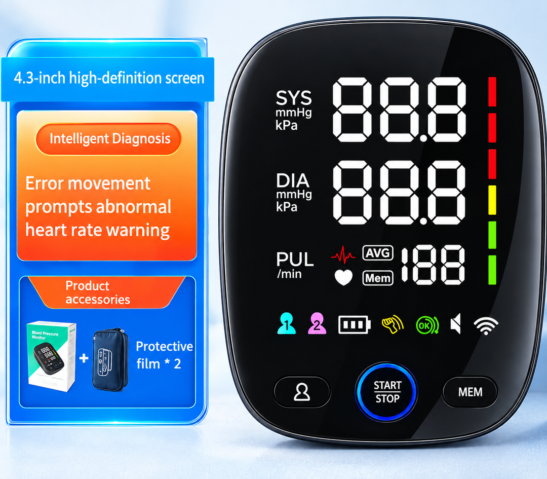 Close-up of the full LED screen on the wrist blood pressure monitor displaying measurement icons