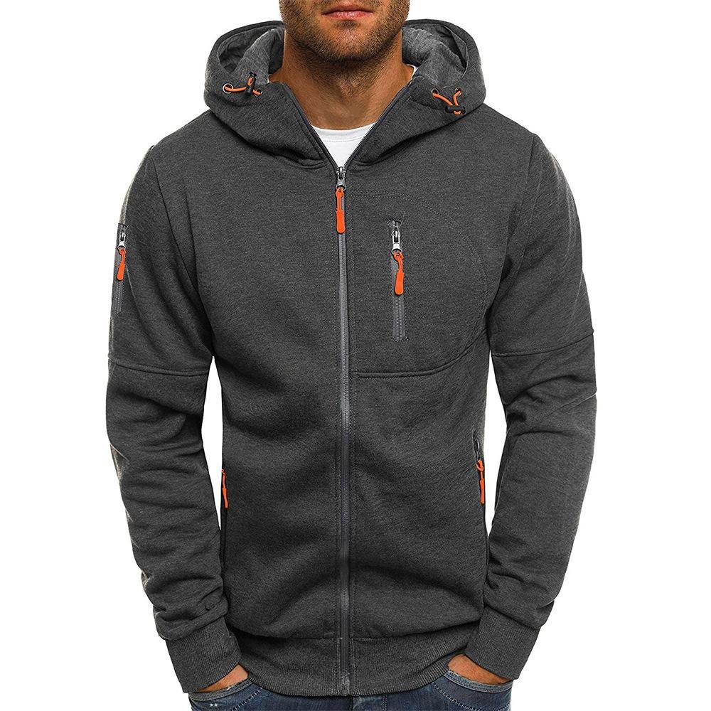 Man wearing a dark gray hooded zip-up sweatshirt jacket with orange zipper details